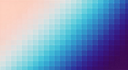 A vibrant, abstract mosaic background. A diagonal gradient flows from warm peach to cool indigo, creating a dynamic, pixelated color spectrum across a geometric grid of squares.の素材