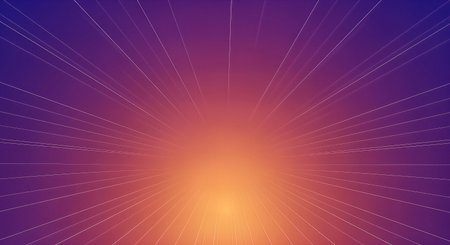 An abstract background featuring a vibrant orange and yellow sunrise gradient, with thin white lines radiating outwards into a deep purple and blue sky. A futuristic, energetic design.の素材
