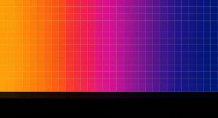 A striking abstract image featuring a gradient color transition from orange to blue, overlaid with a grid pattern. The composition includes a solid black base. The image uses vibrant colors and a clean, modern aesthetic.の素材