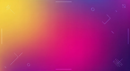 Abstract gradient background featuring a blend of yellow, pink, and purple hues, adorned with minimalist geometric shapes like lines, circles, and squares.の素材
