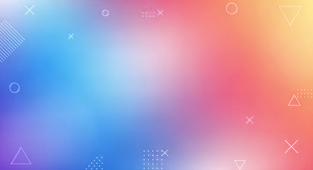 A colorful gradient background blending blue, pink, orange, and yellow, adorned with geometric shapes like circles, triangles, crosses, and lines, creating a modern and abstract design.の素材