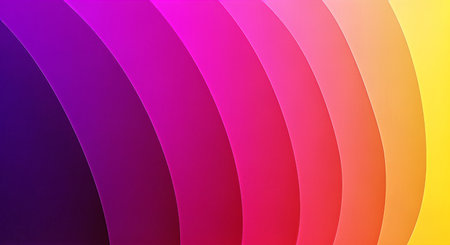 A modern abstract background featuring smooth, curved layers of vibrant colors transitioning from deep purple to magenta, pink, orange, and bright yellow. Creates a dynamic, energetic visual.の素材