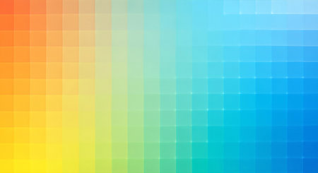 A vibrant, modern geometric pattern of tiled squares displaying a full spectrum gradient. The colors transition seamlessly from a warm sunset orange to a cool ocean blue.の素材