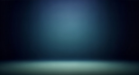 An empty studio stage bathed in a dramatic central teal spotlight, fading to deep blue. Ideal for product showcases, presentations, or abstract backgrounds.の素材