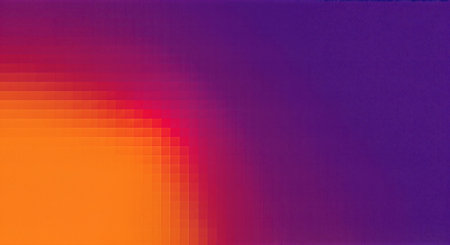 A vibrant, pixelated gradient background transitions from warm orange to cool purple. The composition is divided, with a grid-like structure on the left. The lighting is soft, creating a smooth transition of colors.の素材
