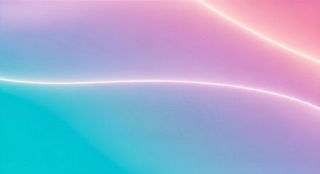 A vibrant abstract background featuring a smooth gradient of pastel colors, transitioning from turquoise to pink and purple. Bright, glowing lines curve across the image, creating a sense of depth and movement. The composition is clean and modern, ideal for digital design.の素材