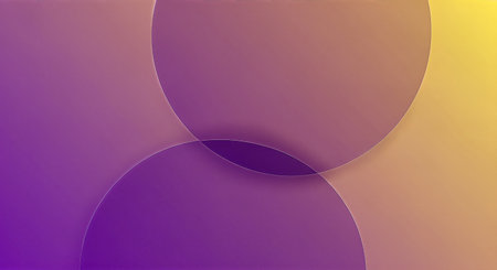 A visually striking abstract composition featuring overlapping translucent circles. The gradient background transitions from deep purple to orange and yellow, creating depth and a sense of movement. The lighting is soft, highlighting the curves and creating a modern, minimalist aesthetic.の素材