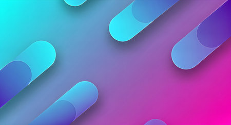 A visually striking abstract composition featuring rounded, elongated shapes against a gradient background. The colors transition from cool blues and teals to vibrant pinks and purples, creating a dynamic and modern aesthetic.の素材