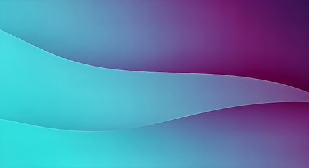 Abstract background featuring smooth, gradient waves transitioning from turquoise to purple. The fluid design creates a modern, calming aesthetic with subtle depth and movement.の素材
