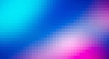 A vibrant abstract digital mosaic background featuring a smooth gradient transition from cool cyan and blue hues to warm purple and magenta squares.の素材
