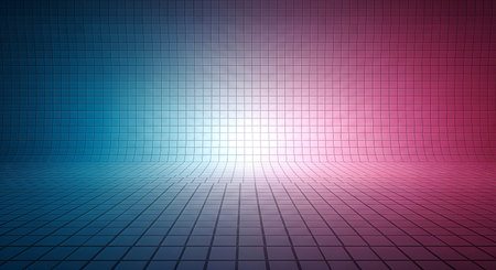 A curved studio backdrop with a gradient of blue, white, and pink hues. The surface is covered in a grid pattern, creating a sense of depth and structure. The lighting is soft and diffused, highlighting the color transitions.の素材