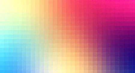 A visually striking abstract image featuring a gradient color palette. The composition is a mosaic of squares, transitioning from cool blues and greens to warm yellows, oranges, and finally, vibrant pinks and purples. The lighting is soft, creating a smooth transition.の素材
