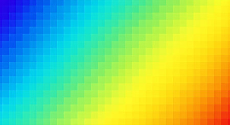 A visually striking abstract image featuring a smooth gradient transition across a spectrum of colors. The image is composed of a grid of small squares, creating a pixelated texture. The colors shift from blue to red, creating a vibrant and dynamic visual effect.の素材