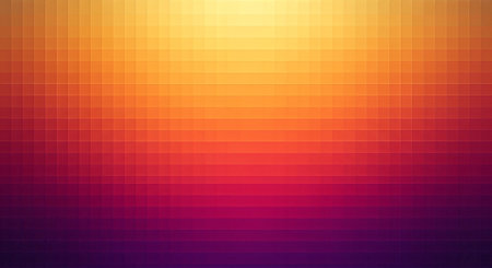 A modern, abstract background composed of a fine grid, creating a pixelated effect. The color palette shifts warmly from bright yellow to deep purple, evoking a digital sunset.の素材