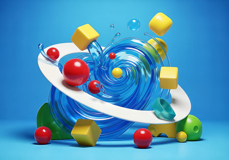 Dynamic 3D render featuring red spheres, yellow cubes, and swirling blue water, set against a vibrant blue backdrop. A white ring orbits the central vortex.の素材