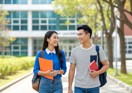 Two smiling university students, a young woman and a young man, walk and talk on a sunny campus pathway. The woman holds an orange folder, the man a red book. They are dressed casually, with backpacks. The background shows a modern university building and lush greenery.の素材