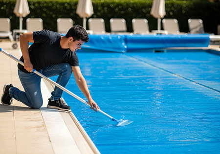 A young man kneels beside a swimming pool, using a skimmer to clean the water. The scene is bathed in bright sunlight, with the blue pool contrasting with the beige deck. The composition is clean and focused, highlighting the man's task.の素材