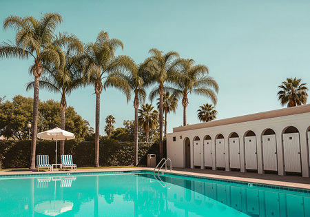 Bright, inviting swimming pool with vibrant turquoise water, framed by tall palm trees and a classic building with arched changing rooms. Striped lounge chairs and umbrella await relaxation under a clear teal sky, evoking a retro summer vacation.の素材