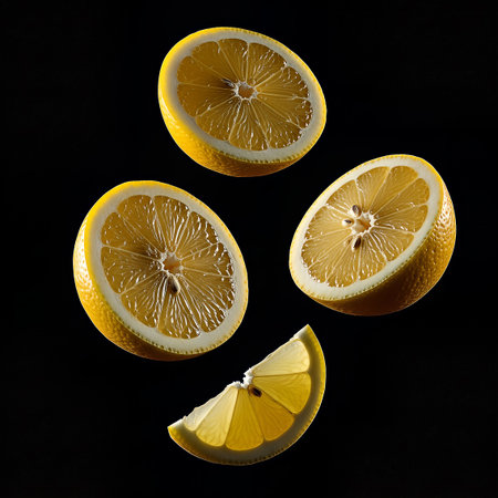 Four lemon slices, including a wedge, float against a black background. The composition emphasizes the fruit's texture, color, and internal structure, creating a visually striking image.の素材