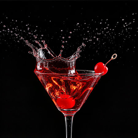 Dramatic close-up of a red cocktail in a martini glass, featuring a vibrant splash and cherry garnish against a stark black background. Dynamic and visually striking.の素材