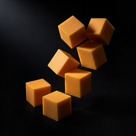 Seven orange cubes float against a stark black background, creating a geometric still life. Precise lighting highlights the cubes' texture and form, enhancing the minimalist composition.の素材
