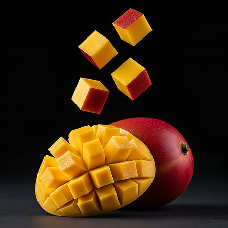 Studio shot of fresh, vibrant mangoes: a whole fruit, a perfectly diced half, and four dynamic floating cubes. High contrast against a dark background emphasizes tropical freshness.の素材