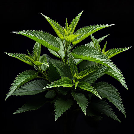 A vibrant green stinging nettle plant is meticulously captured against a stark black background, highlighting its textured, serrated leaves and fresh appearance. Ideal for botanical, herbal, or culinary themes.の素材