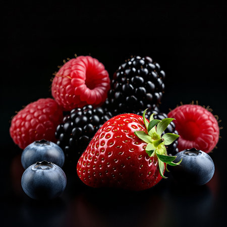 A colorful assortment of fresh berries, including a strawberry, raspberries, blackberries, and blueberries, are arranged against a stark black background, highlighting their textures and colors.の素材