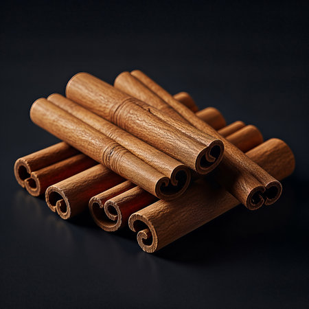 A close-up, low-key studio shot of richly textured cinnamon sticks, artfully piled on a dark surface, emphasizing their warm brown hues and aromatic appeal for culinary use.の素材