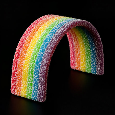 A vibrant, arching rainbow gummy candy, dusted with sugar crystals, is set against a stark black background. The studio lighting highlights the candy's texture and colors. The composition emphasizes the candy's form and the contrast.の素材