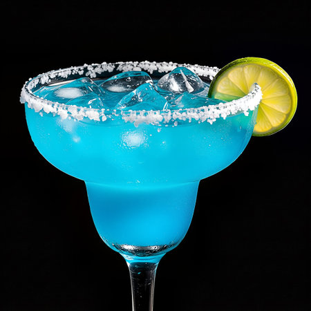 A refreshing blue margarita cocktail in a classic glass, rimmed with salt, and garnished with a lime slice. The drink is set against a stark black background, highlighting the vibrant blue liquid and the details of the ice and lime.の素材
