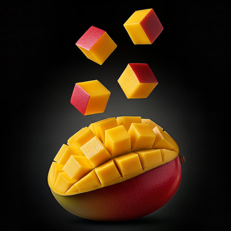 A ripe, vibrant mango, artfully sliced into a grid, with four perfect cubes levitating above it against a dramatic black background. A surreal, appetizing studio shot.の素材