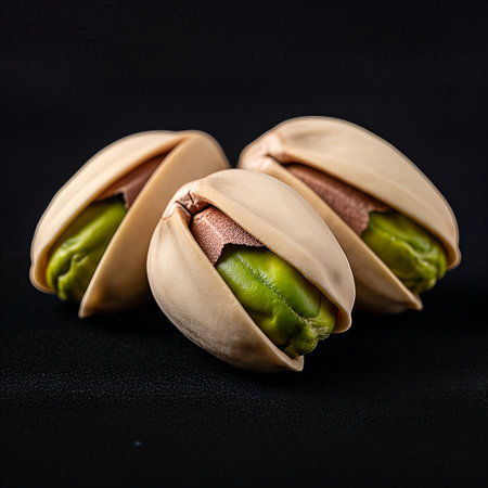 Detailed macro photography showcases three ripe pistachios, their vivid green kernels emerging from cracked shells. Studio lighting on a dark background enhances natural appeal and texture.の素材