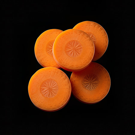 An artistic top-down view of five vibrant orange carrot slices, arranged in a cluster on a stark black background, highlighting their intricate, star-like core patterns.の素材