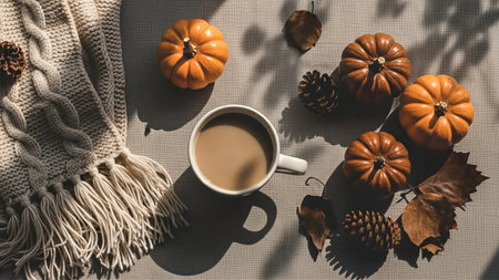 Autumn composition. Cup of coffee, pumpkins, knitted plaid and leaves on a light background. Flat lay, top view, copy spaceの素材