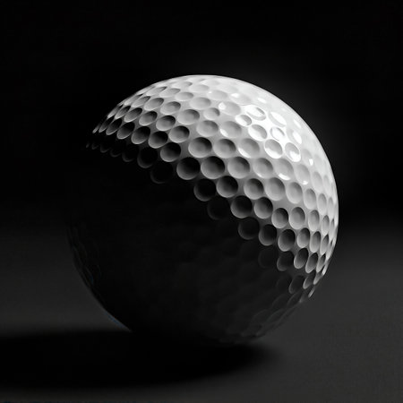 A striking studio shot of a golf ball, dramatically lit against a stark black background. The image highlights the ball's dimpled surface and spherical form. The lighting creates strong shadows and highlights, enhancing texture and form.の素材