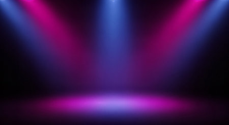 A vibrant studio scene illuminated by a combination of purple and blue spotlights. The gradient lighting creates a dramatic atmosphere, highlighting the empty space. The composition is simple, yet striking, with a focus on color and light.の素材