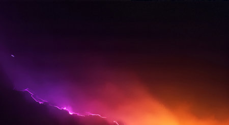 Dramatic abstract image of lightning bolts illuminating a gradient sky. The composition features a dark upper portion transitioning to vibrant purple and orange hues. The lightning adds a dynamic element.の素材