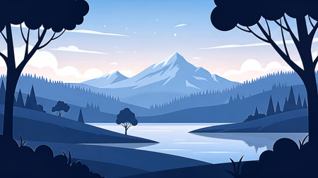 A minimalist illustration depicts a tranquil mountain lake scene. Silhouetted trees frame the view of layered mountains, a calm lake, and a soft blue sky with clouds. The artwork evokes peace and serenity.の素材