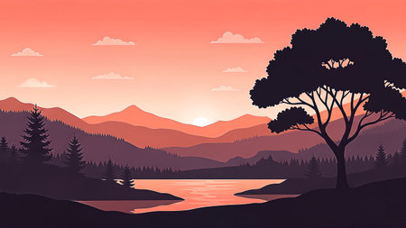 A tranquil landscape illustration captures a sunset over a lake and mountains. The scene features a large silhouette tree in the foreground, with layers of mountains fading into the distance. The warm color palette creates a peaceful, calming mood.の素材