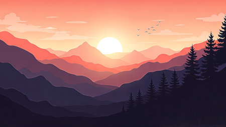 A minimalist vector illustration of a majestic mountain range at sunset or sunrise. Features layered peaks, a vibrant orange-purple sky, silhouetted pine trees, and flying birds, creating a tranquil natural scene.の素材