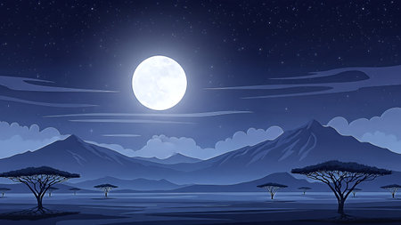 A captivating vector illustration of an African night. A brilliant full moon illuminates a starry sky above silhouetted acacia trees and layered mountains, creating a tranquil scene.の素材