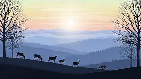 Flat design vector art depicting a peaceful herd of deer grazing on a dark hill, framed by leafless trees, against a vibrant gradient sky and misty mountain range.の素材