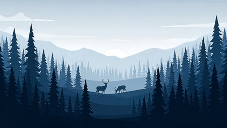 This tranquil vector illustration showcases a serene blue forest landscape. Two deer, a majestic stag and a grazing doe, are silhouetted amidst layered pine trees and distant mountains, bathed in soft light.の素材