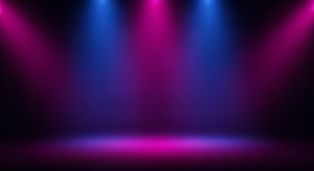An empty dark studio or stage is dramatically lit by vibrant blue and magenta spotlights, creating a dynamic gradient wash on the floor and wall. Ideal for product display, events, or abstract backgrounds.の素材