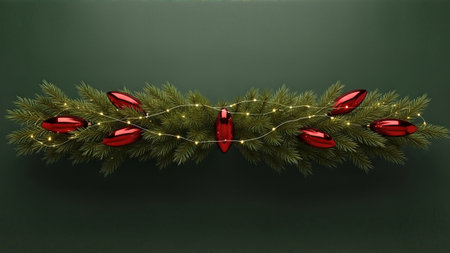 Christmas garland with red glass balls and lights on a green backgroundの素材