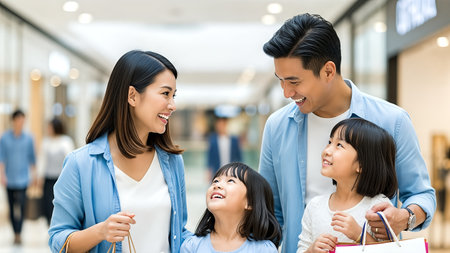 happy asian family with shopping bags in mall. family shopping conceptの素材
