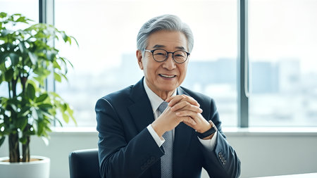 portrait of mature businessman in eyeglasses smiling at camera in officeの素材