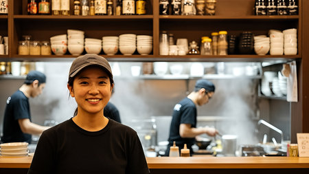 Asian woman working in a coffee shop with her staff in the backgroundの素材