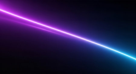 A vibrant, diagonal beam of neon light cuts across a dark, textured background. The light transitions from purple to blue, creating a sense of depth and energy. The composition is minimalist and futuristic, with a focus on color and form.の素材